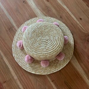Hat Attack Straw Boater Hat with Pink Pompoms Club Monaco